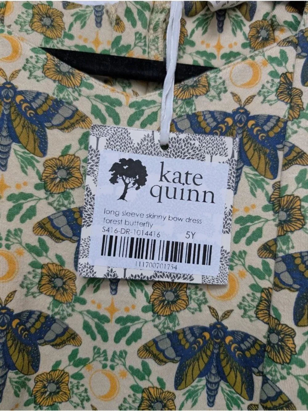 Kate Quinn Organic Cotton Forest Butterfly Skinny Bow Dress 5Y Moths